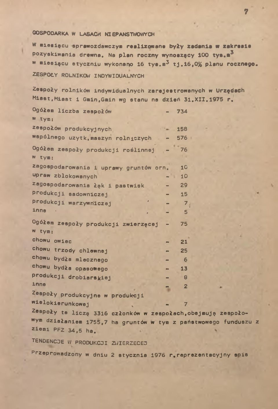 Ogółem liczb zespołów - 734 w tymi zespołów produkcyjnych 156 wspólnego uzytk.mszyn rolniczych - 576 Ogółem zespoły produkcji roślinnej - 76 w tym: zgospodrowni i uprwy gruntów orn.