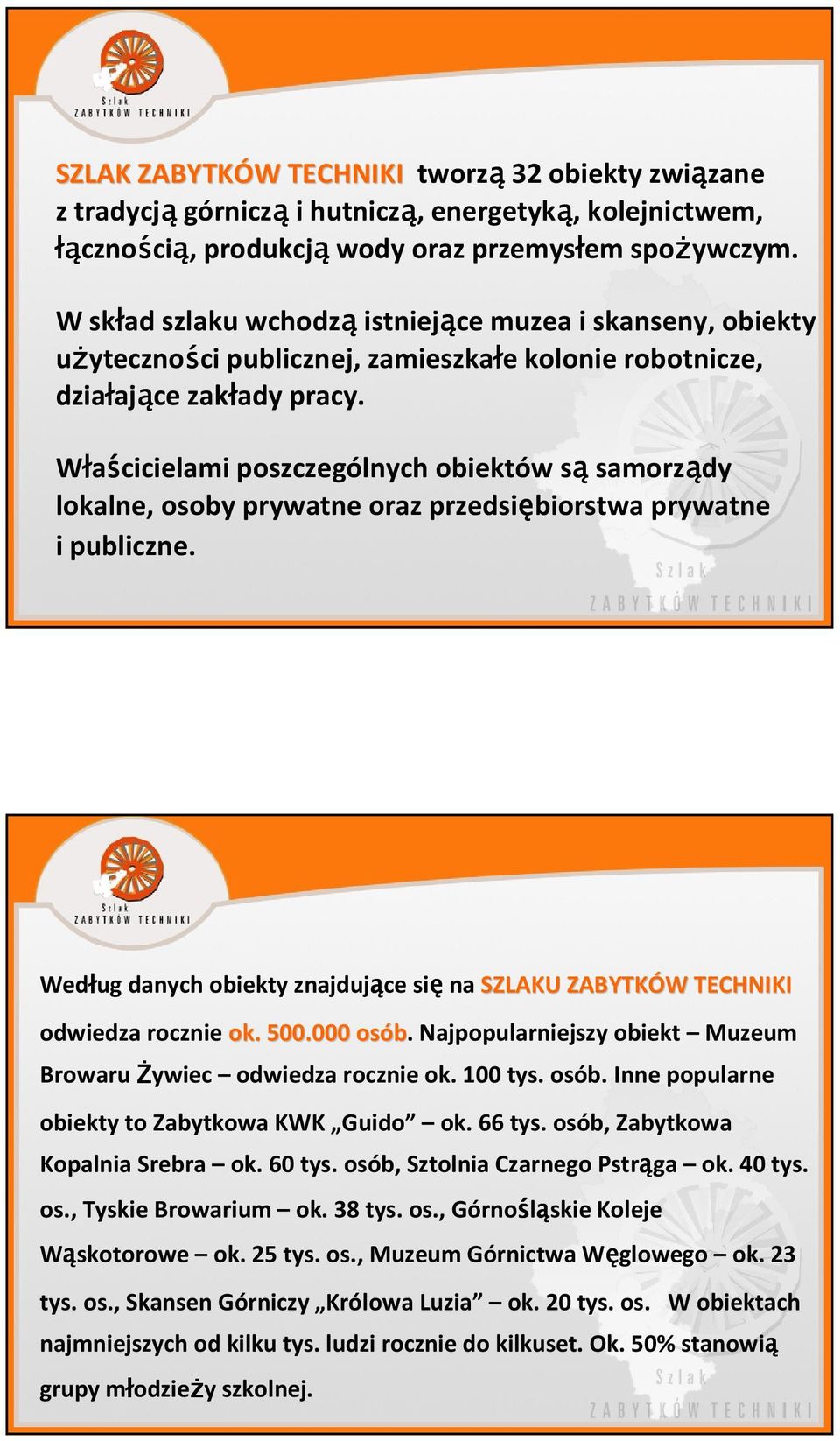 Właścicielami poszczególnych obiektów sąsamorządy lokalne, osoby prywatne oraz przedsiębiorstwa prywatne i publiczne.