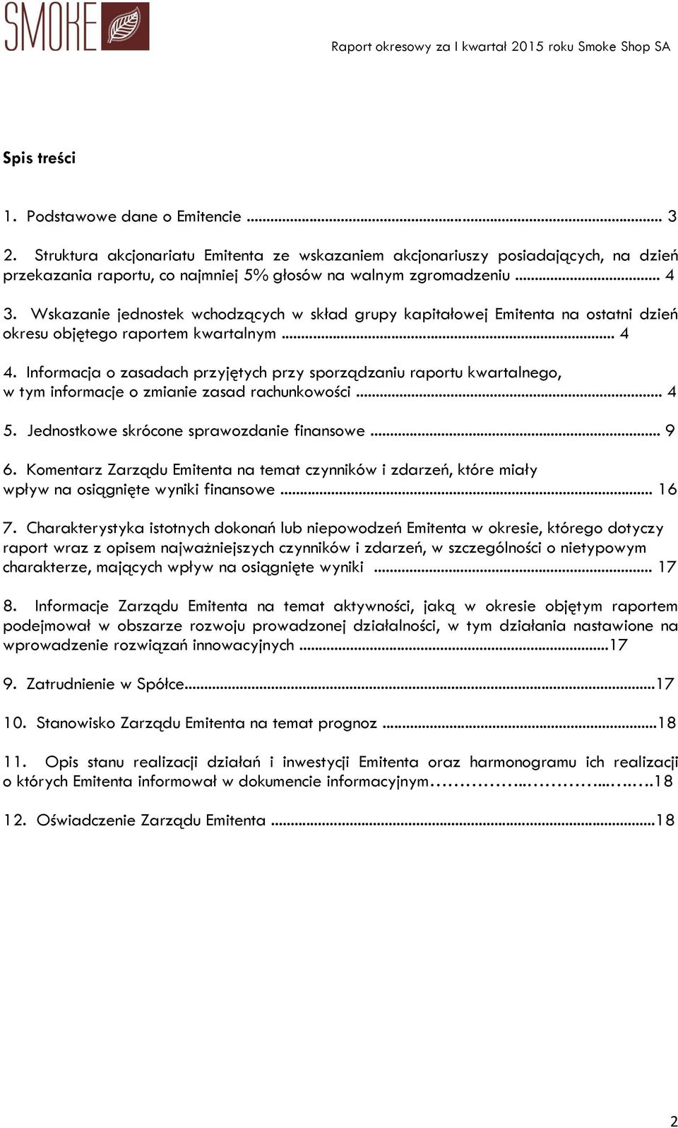 Wskazanie jednostek wchodzących w skład grupy kapitałowej Emitenta na ostatni dzień okresu objętego raportem kwartalnym... 4 4.