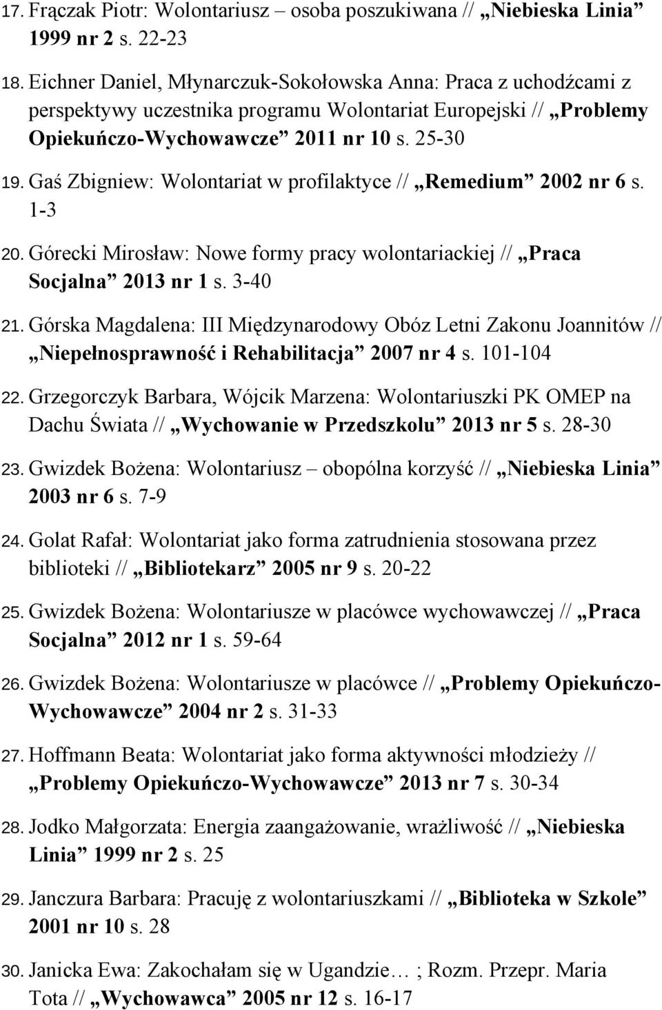 Gaś Zbigniew: Wolontariat w profilaktyce // Remedium 2002 nr 6 s. 1-3 20. Górecki Mirosław: Nowe formy pracy wolontariackiej // Praca Socjalna 2013 nr 1 s. 3-40 21.