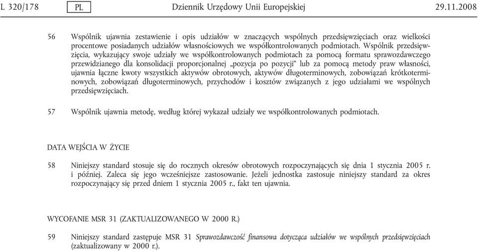 Wspólnik przedsięwzięcia, wykazujący swoje udziały we współkontrolowanych podmiotach za pomocą formatu sprawozdawczego przewidzianego dla konsolidacji proporcjonalnej pozycja po pozycji lub za pomocą