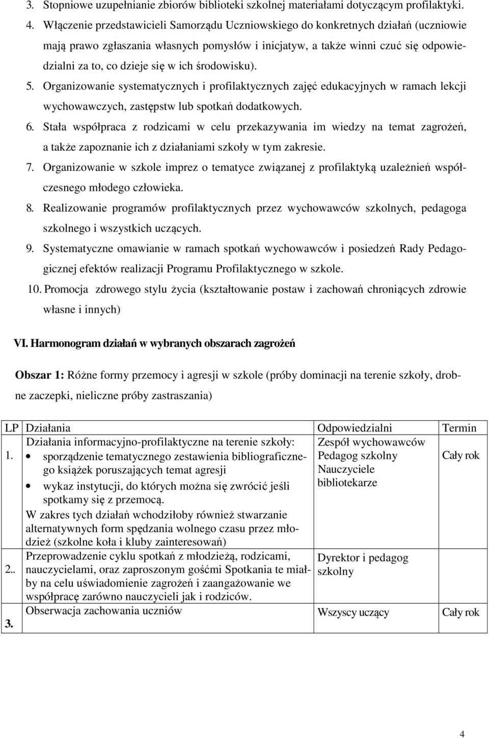 ich środowisku). 5. Organizowanie systematycznych i profilaktycznych zajęć edukacyjnych w ramach lekcji wychowawczych, zastępstw lub spotkań dodatkowych. 6.