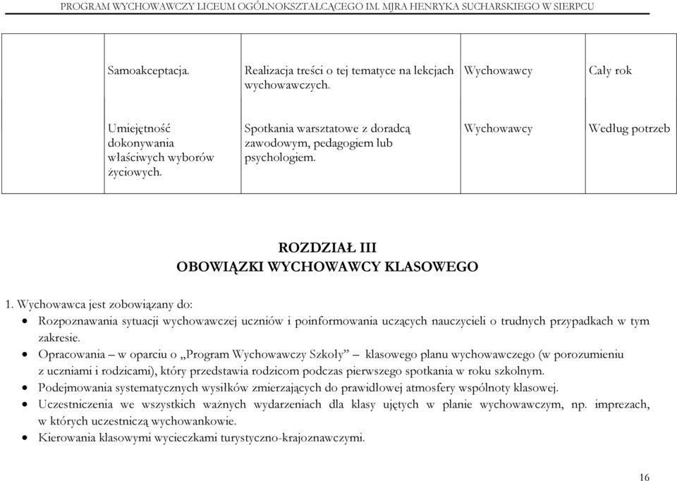 Wychowawca jest zobowiązany do: Rozpoznawania sytuacji wychowawczej uczniów i poinformowania uczących nauczycieli o trudnych przypadkach w tym zakresie.