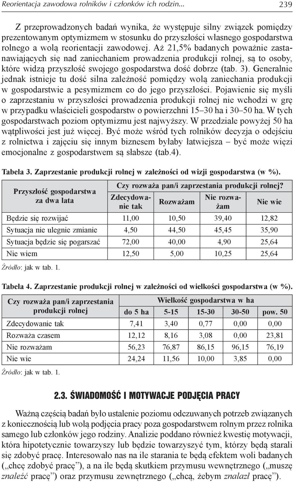 Aż 21,5% badanych poważnie zastanawiających się nad zaniechaniem prowadzenia produkcji rolnej, są to osoby, które widzą przyszłość swojego gospodarstwa dość dobrze (tab. 3).