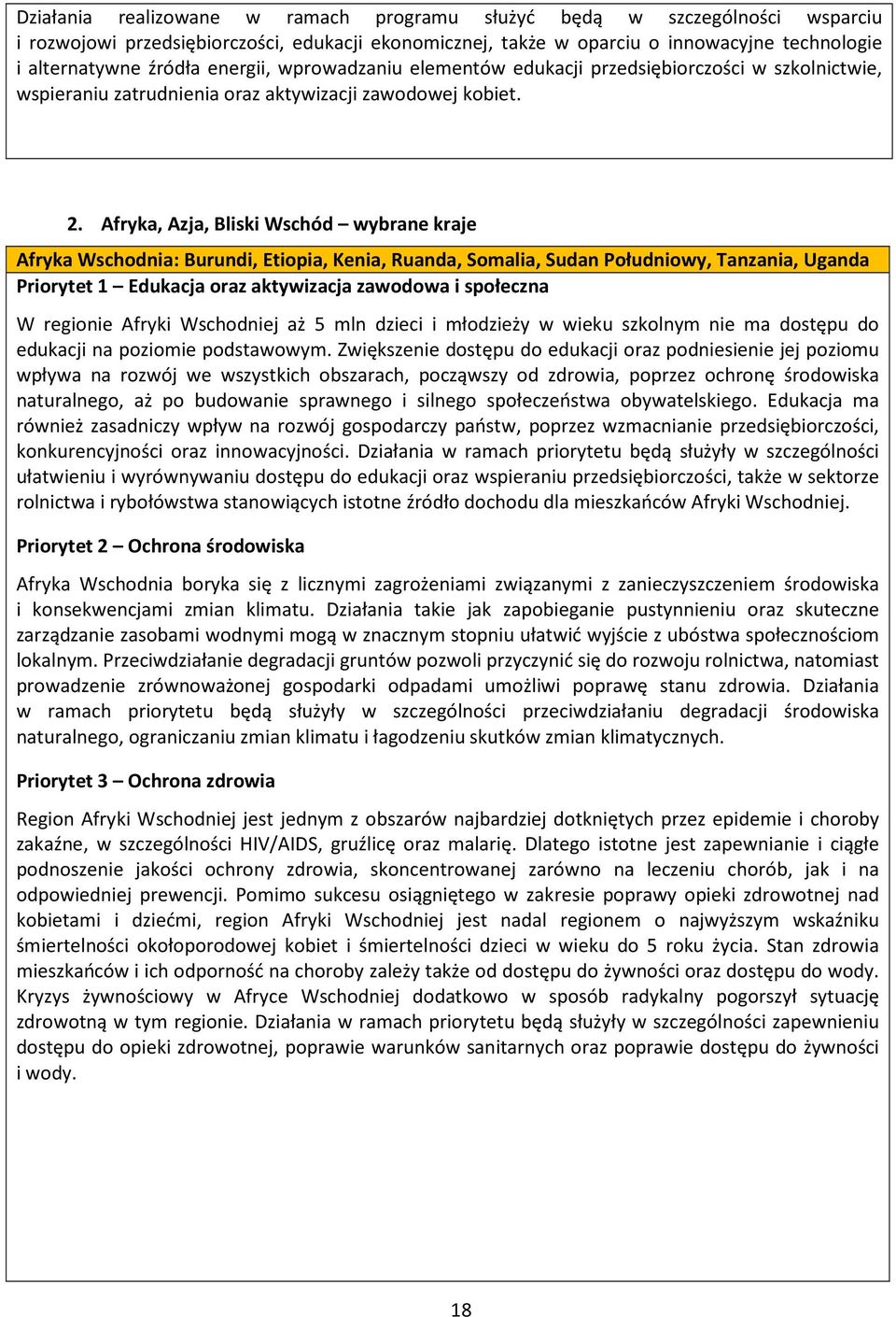 Afryka, Azja, Bliski Wschód wybrane kraje Afryka Wschodnia: Burundi, Etiopia, Kenia, Ruanda, Somalia, Sudan Południowy, Tanzania, Uganda Priorytet 1 Edukacja oraz aktywizacja zawodowa i społeczna W