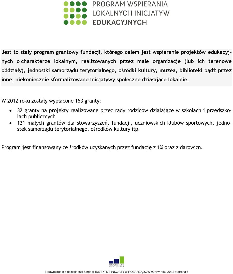 W 2012 roku zostały wypłacone 153 granty: 32 granty na projekty realizowane przez rady rodziców działające w szkołach i przedszkolach publicznych 121 małych grantów dla stowarzyszeń, fundacji,
