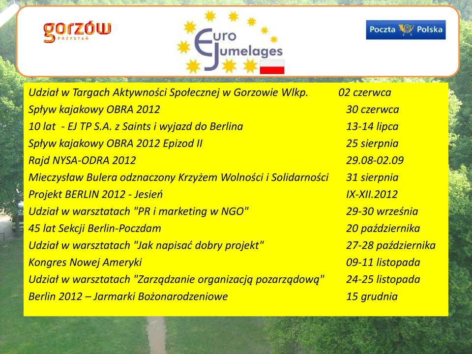 2012 Udział w warsztatach "PR i marketing w NGO" 29-30 września 45 lat Sekcji Berlin-Poczdam 20 października Udział w warsztatach "Jak napisać dobry projekt" 27-28
