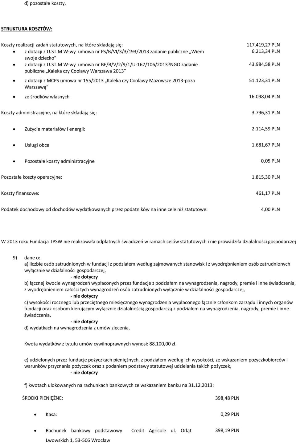 419,27 PLN 6.213,34 PLN 43.984,58 PLN 51.123,31 PLN ze środków własnych 16.098,04 PLN Koszty administracyjne, na które składają się: 3.796,31 PLN Zużycie materiałów i energii: 2.