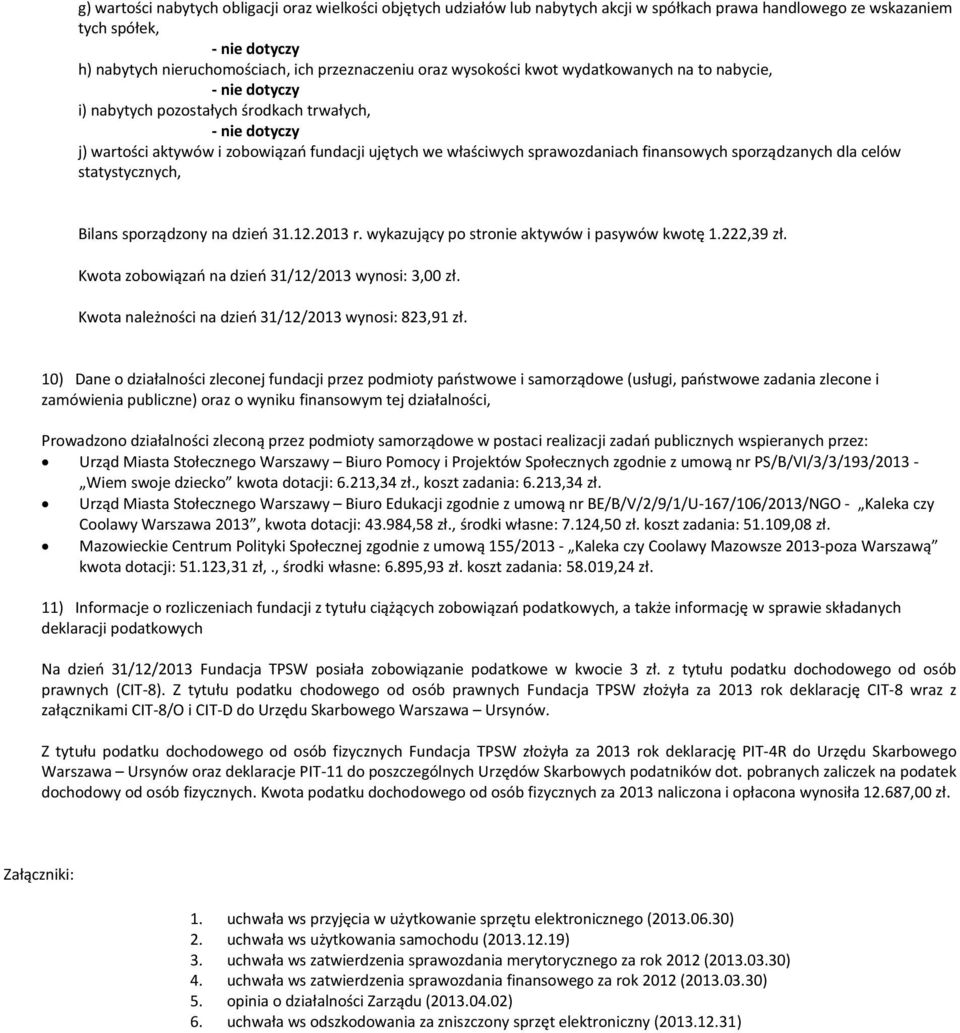 celów statystycznych, Bilans sporządzony na dzień 31.12.2013 r. wykazujący po stronie aktywów i pasywów kwotę 1.222,39 zł. Kwota zobowiązań na dzień 31/12/2013 wynosi: 3,00 zł.
