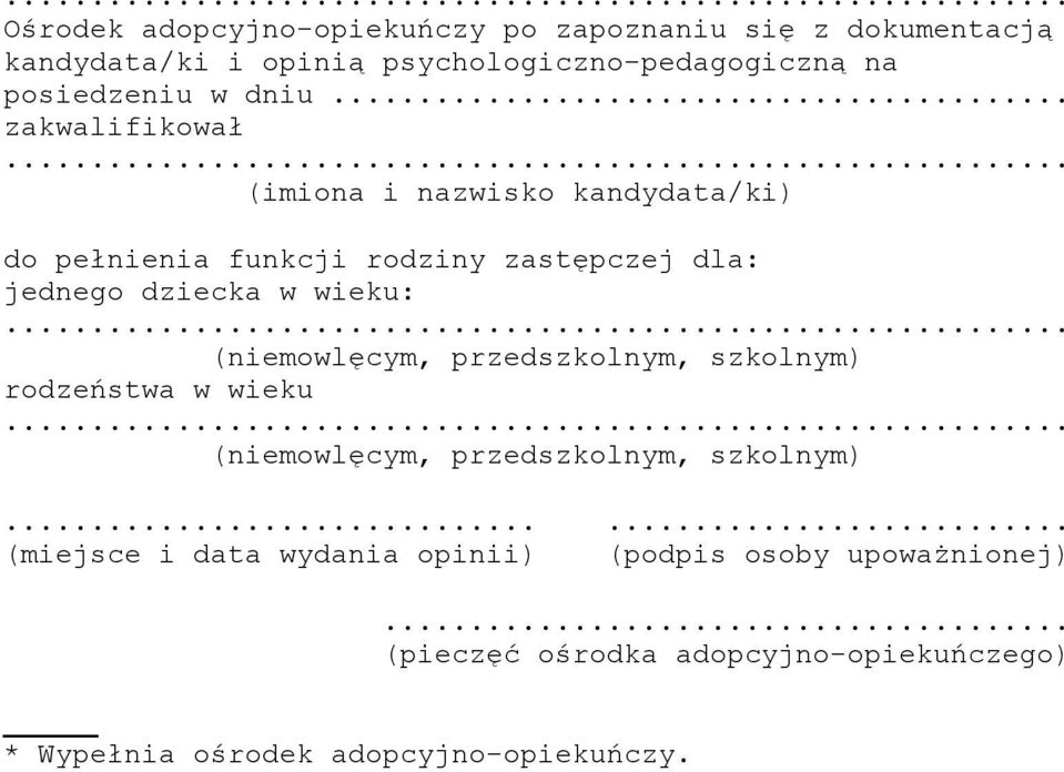 .. zakwalifikował (imiona i nazwisko kandydata/ki) do pełnienia funkcji rodziny zastępczej dla: jednego dziecka w wieku: