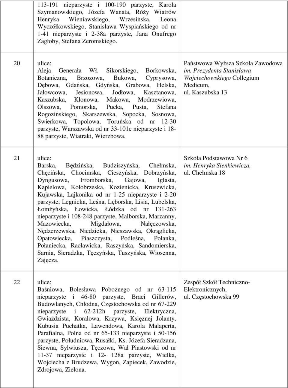 Sikorskiego, Borkowska, Botaniczna, Brzozowa, Bukowa, Cyprysowa, Dębowa, Gdańska, Gdyńska, Grabowa, Helska, Jałowcowa, Jesionowa, Jodłowa, Kasztanowa, Kaszubska, Klonowa, Makowa, Modrzewiowa,