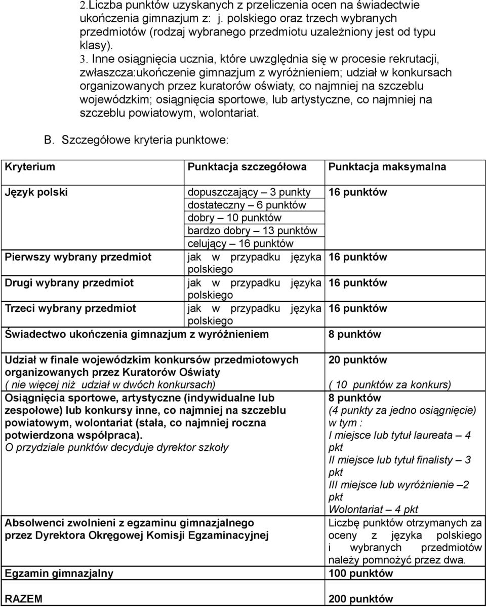 wojewódzkim; osiągnięcia sportowe, lub artystyczne, co najmniej na szczeblu powiatowym, wolontariat. B.