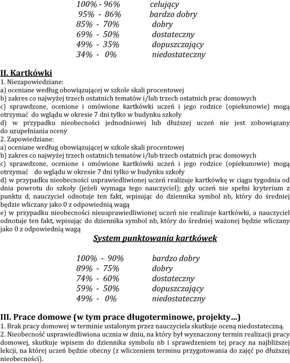 kartkówki uczeń i jego rodzice (opiekunowie) mogą otrzymać do wglądu w okresie 7 dni tylko w budynku szkoły d) w przypadku nieobecności jednodniowej lub dłuższej uczeń nie jest zobowiązany do