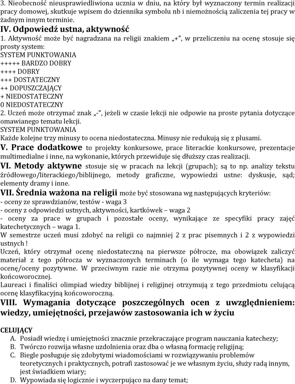 Aktywność może być nagradzana na religii znakiem +, w przeliczeniu na ocenę stosuje się prosty system: SYSTEM PUNKTOWANIA +++++ BARDZO DOBRY ++++ DOBRY +++ DOSTATECZNY ++ DOPUSZCZAJĄCY +