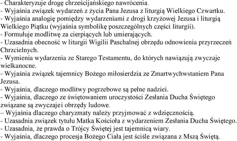 - Formułuje modlitwę za cierpiących lub umierających. - Uzasadnia obecność w liturgii Wigilii Paschalnej obrzędu odnowienia przyrzeczeń Chrzcielnych.