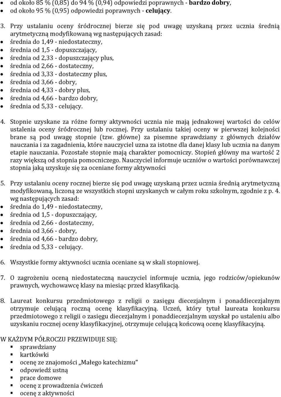 średnia od 2,33 - dopuszczający plus, średnia od 2,66 - dostateczny, średnia od 3,33 - dostateczny plus, średnia od 3,66 - dobry, średnia od 4,33 - dobry plus, średnia od 4,66 - bardzo dobry, średnia