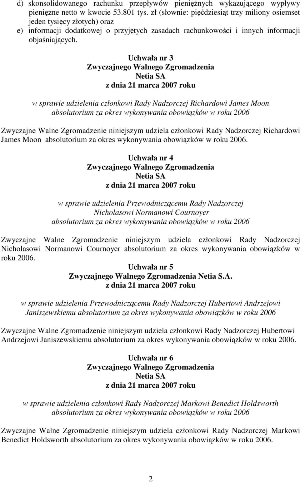 Uchwała nr 3 w sprawie udzielenia członkowi Rady Nadzorczej Richardowi James Moon absolutorium za okres wykonywania obowiązków w roku 2006 Zwyczajne Walne Zgromadzenie niniejszym udziela członkowi