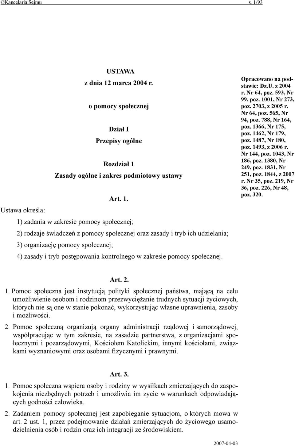 marca 2004 r. o pomocy społecznej Dział I Przepisy ogólne Rozdział 1 