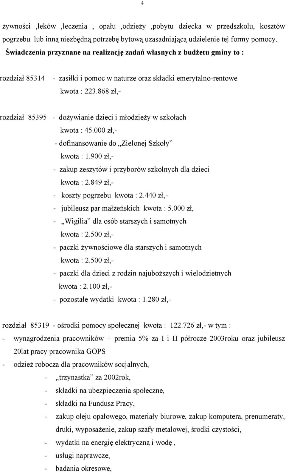 868 zł,- rozdział 85395 - doŝywianie dzieci i młodzieŝy w szkołach kwota : 45.000 zł,- - dofinansowanie do Zielonej Szkoły kwota : 1.