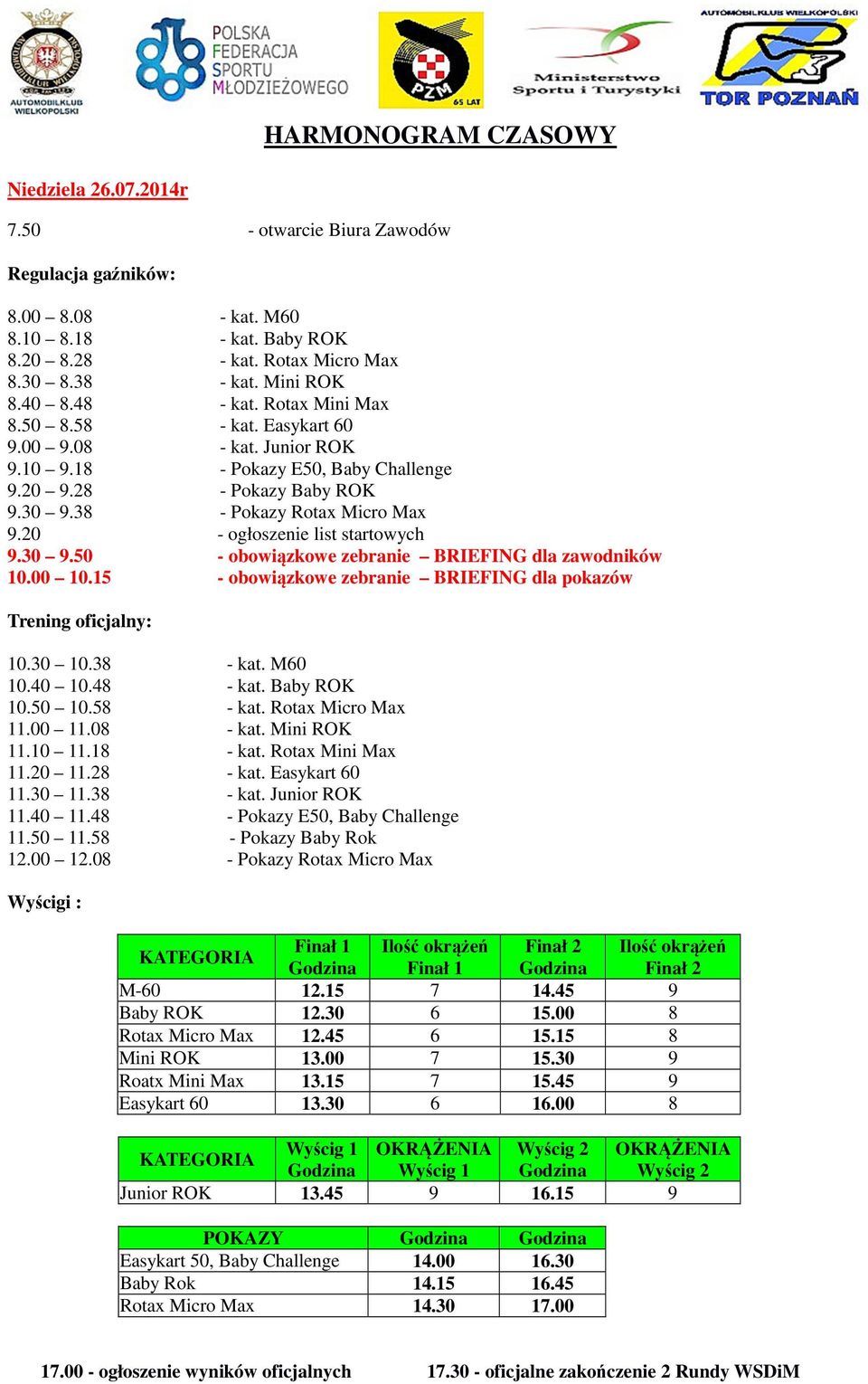 20 - ogłoszenie list startowych 9.30 9.50 - obowiązkowe zebranie BRIEFING dla zawodników 10.00 10.15 - obowiązkowe zebranie BRIEFING dla pokazów Trening oficjalny: 10.30 10.38 - kat. M60 10.40 10.