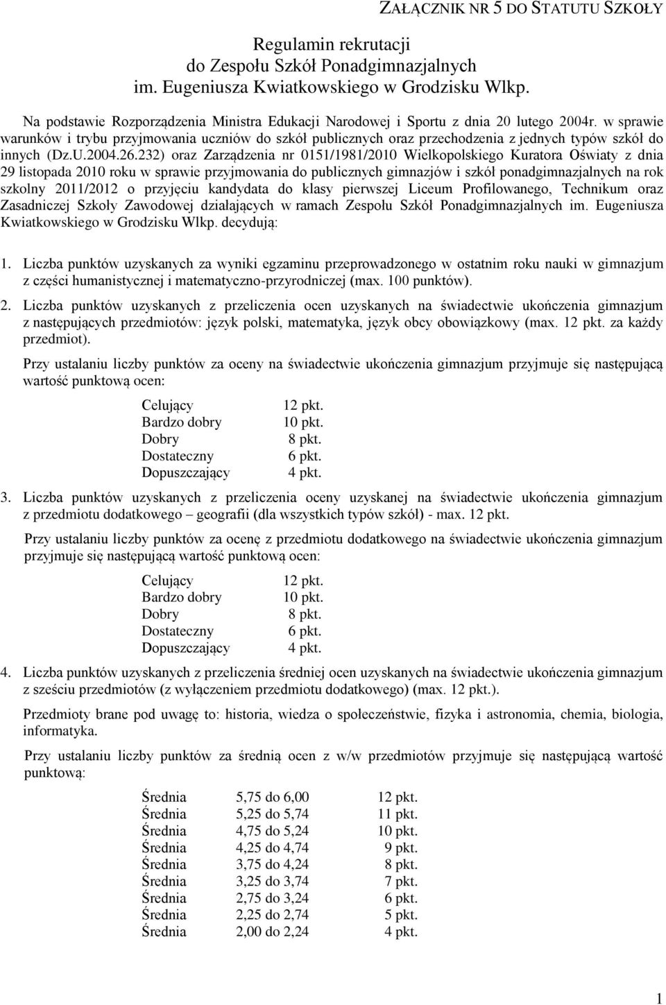 w sprawie warunków i trybu przyjmowania uczniów do szkół publicznych oraz przechodzenia z jednych typów szkół do innych (Dz.U.2004.26.