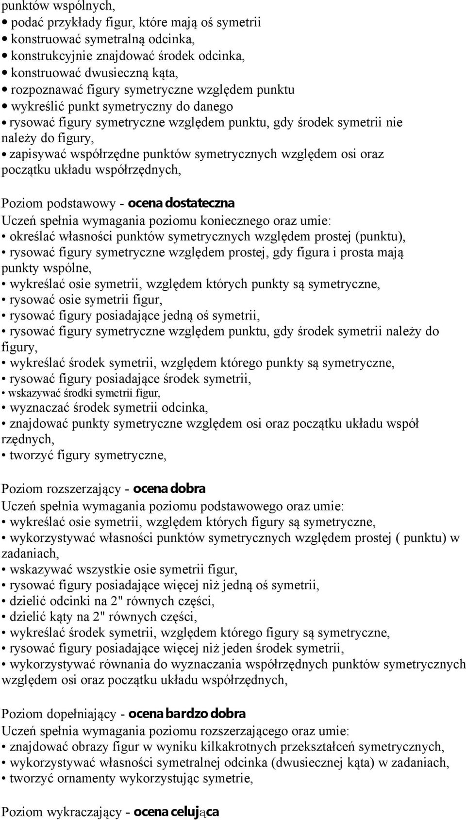 oraz początku układu współrzędnych, określać własności punktów symetrycznych względem prostej (punktu), rysować figury symetryczne względem prostej, gdy figura i prosta mają punkty wspólne, wykreślać