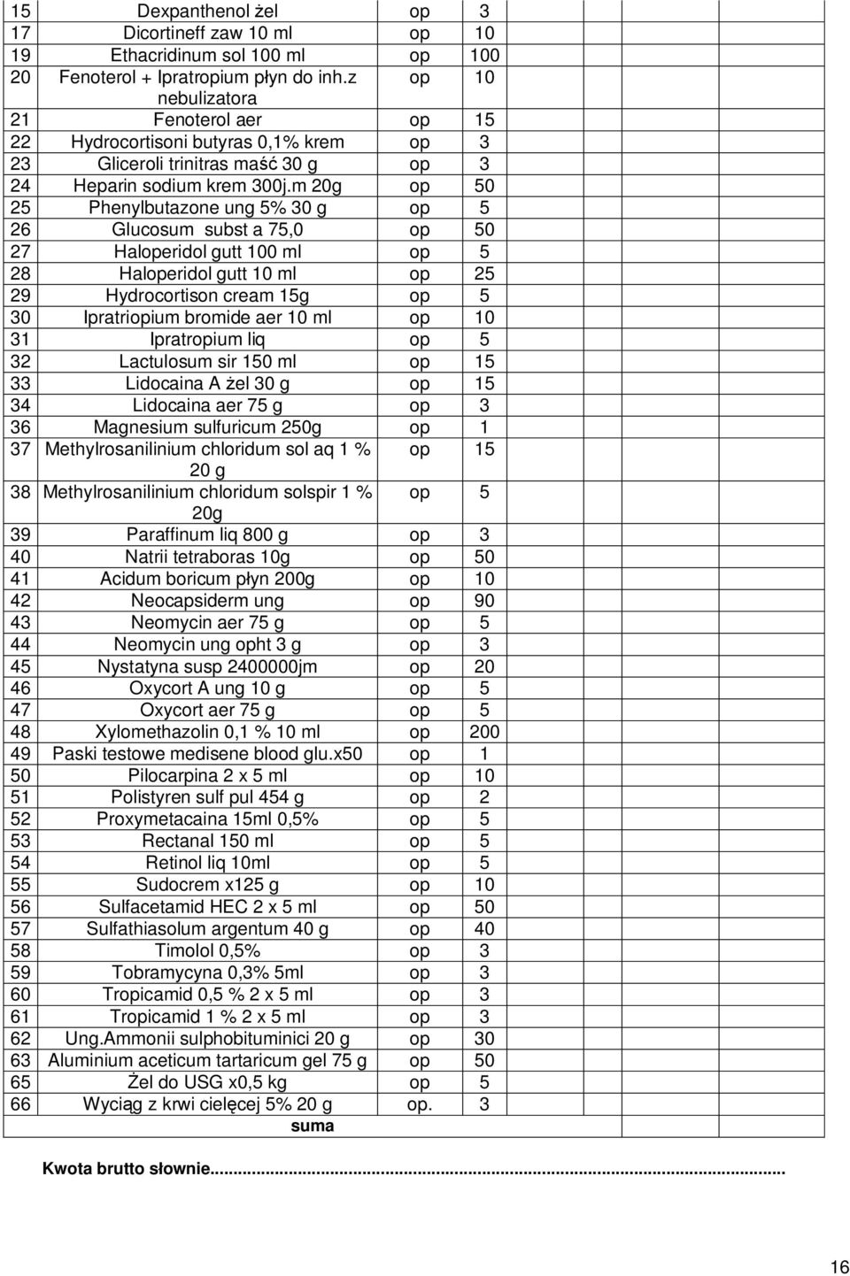 m 20g op 50 25 Phenylbutazone ung 5% 30 g op 5 26 Glucosum subst a 75,0 op 50 27 Haloperidol gutt 100 ml op 5 28 Haloperidol gutt 10 ml op 25 29 Hydrocortison cream 15g op 5 30 Ipratriopium bromide