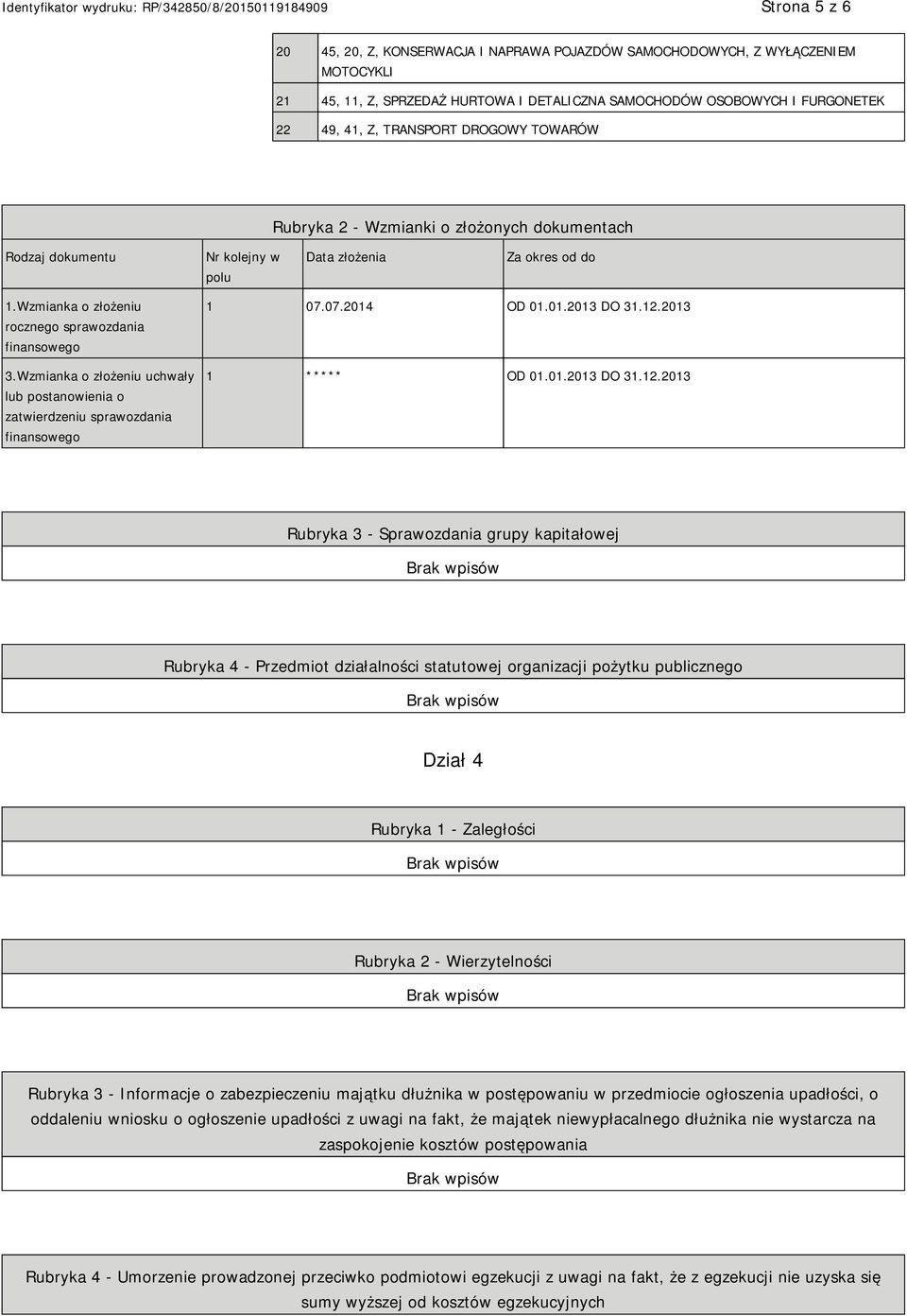 Wzmianka o złożeniu uchwały lub postanowienia o zatwierdzeniu sprawozdania finansowego 1 07.07.2014 OD 01.01.2013 DO 31.12.