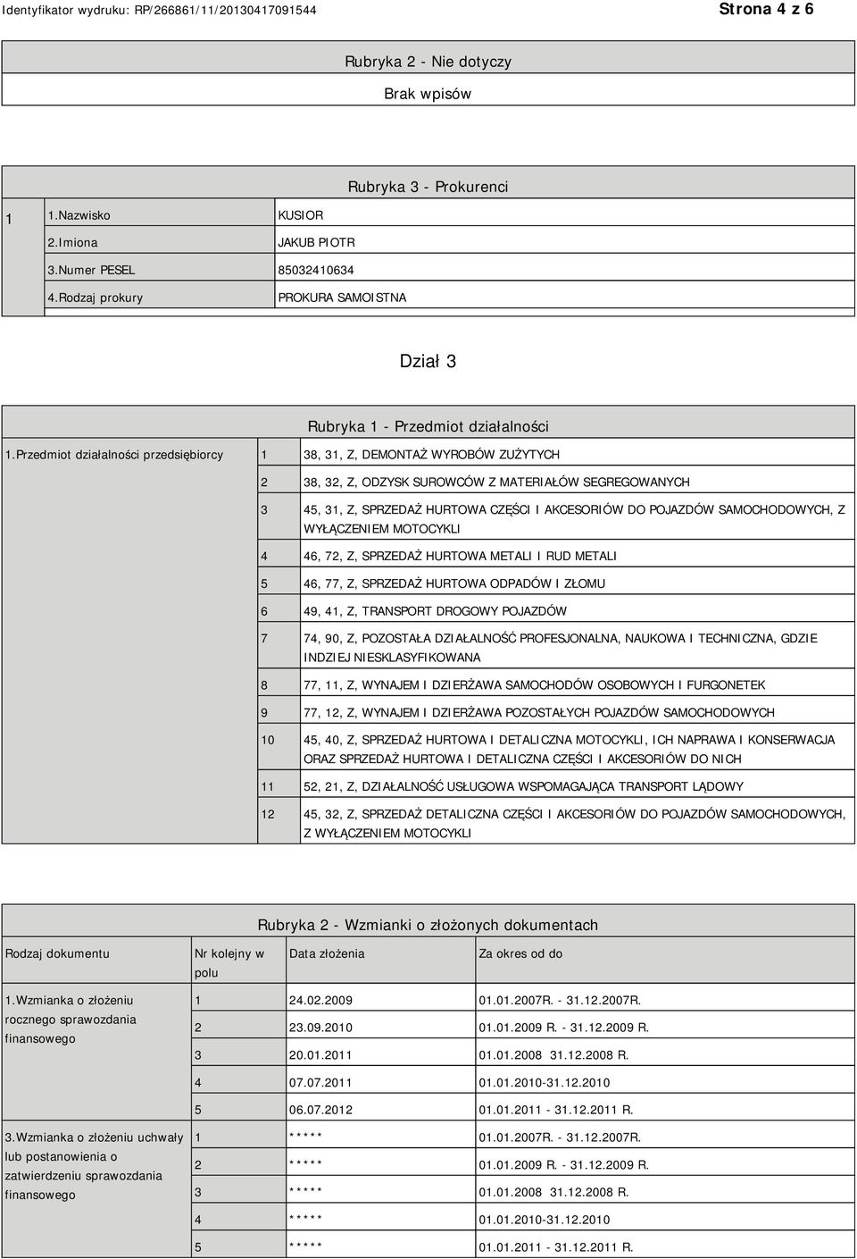 SAMOCHODOWYCH, Z WYŁĄCZEM MOTOCYKLI 4 46, 72, Z, SPRZEDAŻ HURTOWA METALI I RUD METALI 5 46, 77, Z, SPRZEDAŻ HURTOWA ODPADÓW I ZŁOMU 6 49, 41, Z, TRANSPORT DROGOWY POJAZDÓW 7 74, 90, Z, POZOSTAŁA