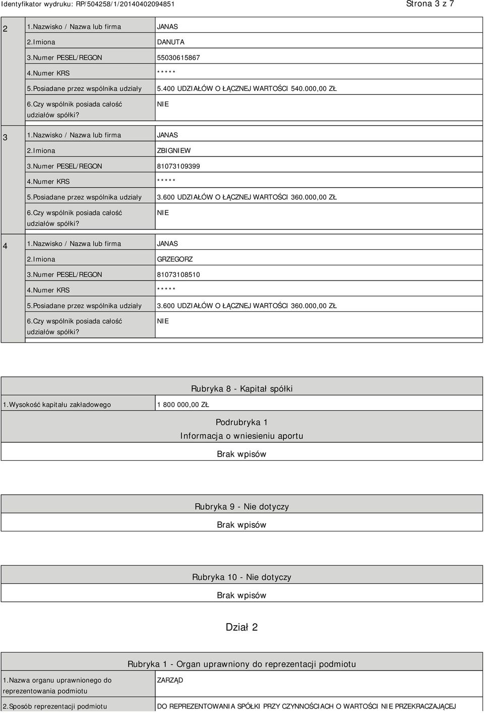 Wysokość kapitału zakładowego 1 800 000,00 ZŁ Podrubryka 1 Informacja o wniesieniu aportu Rubryka 9 - Nie dotyczy Rubryka 10 - Nie dotyczy Dział 2 Rubryka 1 - Organ uprawniony do reprezentacji