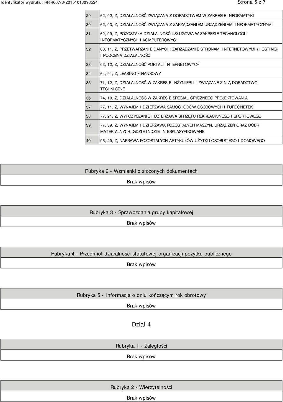 INTERNETOWYCH 34 64, 91, Z, LEASING FINANSOWY 35 71, 12, Z, DZIAŁALNOŚĆ W ZAKRESIE INŻYRII I ZWIĄZANE Z NIĄ DORADZTWO TECHNICZNE 36 74, 10, Z, DZIAŁALNOŚĆ W ZAKRESIE SPECJALISTYCZNEGO PROJEKTOWANIA