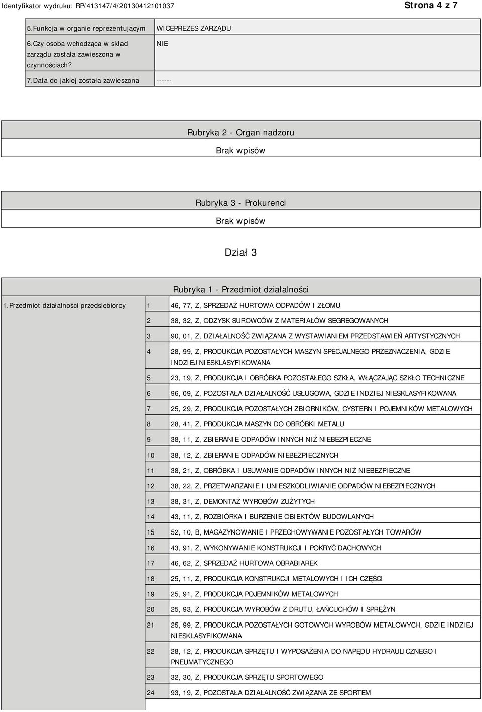 Przedmiot działalności przedsiębiorcy 1 46, 77, Z, SPRZEDAŻ HURTOWA ODPADÓW I ZŁOMU 2 38, 32, Z, ODZYSK SUROWCÓW Z MATERIAŁÓW SEGREGOWANYCH 3 90, 01, Z, DZIAŁALNOŚĆ ZWIĄZANA Z WYSTAWIAM PRZEDSTAWIEŃ