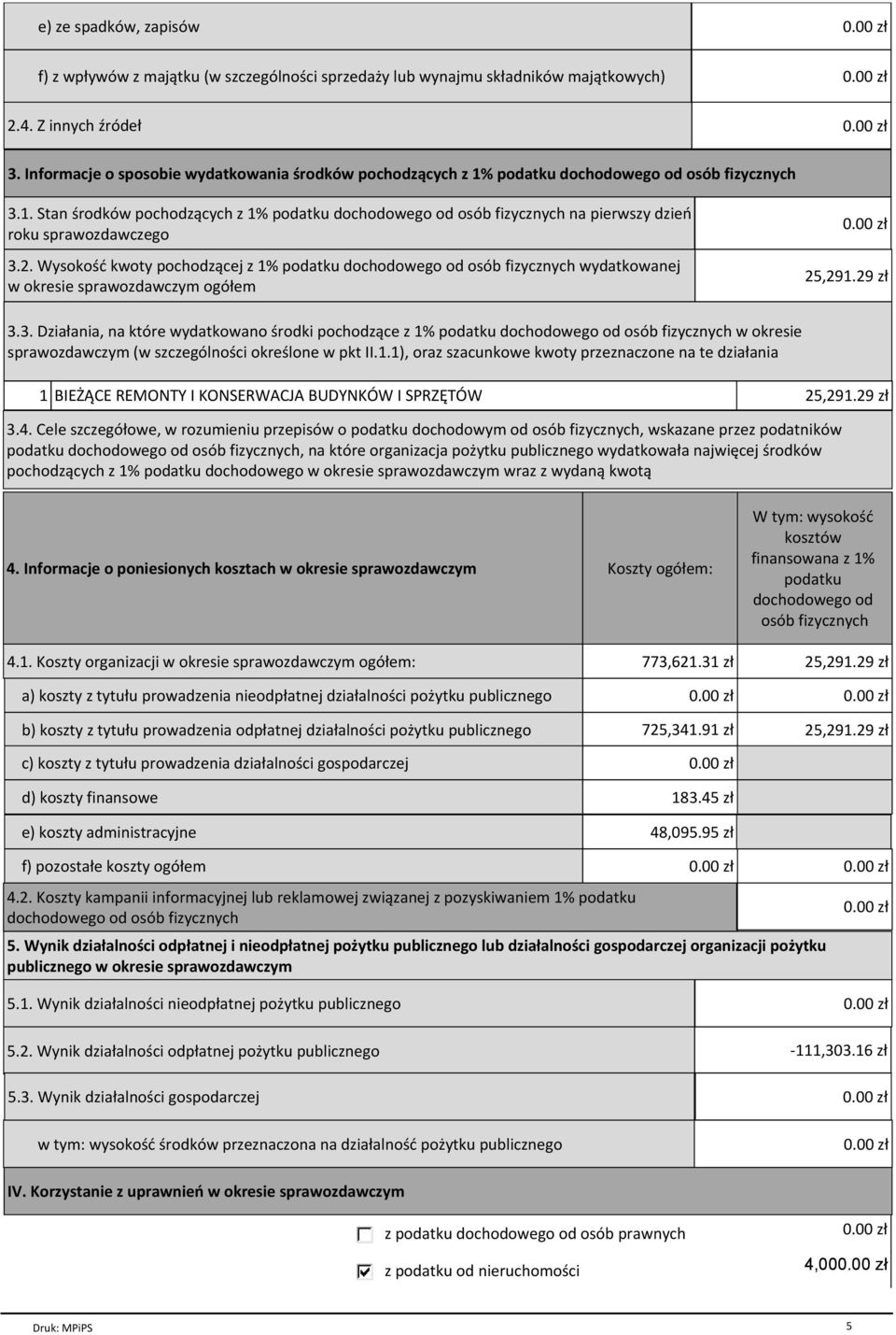 2. Wysokość kwoty pochodzącej z 1% podatku dochodowego od osób fizycznych wydatkowanej w okresie sprawozdawczym ogółem 25,291.29 zł 3.