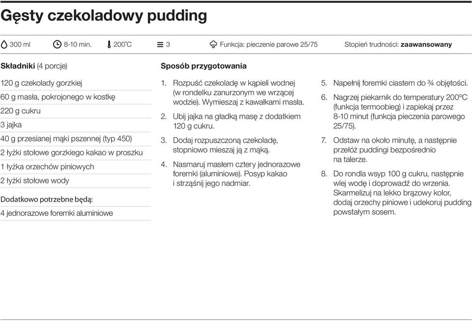 pszennej (typ 450) 2 łyżki stołowe gorzkiego kakao w proszku 1 łyżka orzechów piniowych 2 łyżki stołowe wody Dodatkowo potrzebne będą: 4 jednorazowe foremki aluminiowe Sposób przygotowania 1.