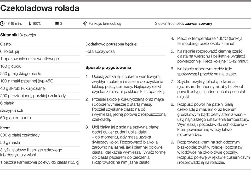 g skrobi kukurydzianej 200 g roztopionej, gorzkiej czekolady 6 białek szczypta soli 60 g cukru pudru Krem: 300 g białej czekolady 50 g masła 3 łyżki stołowe likieru gruszkowego lub destylatu z wiśni