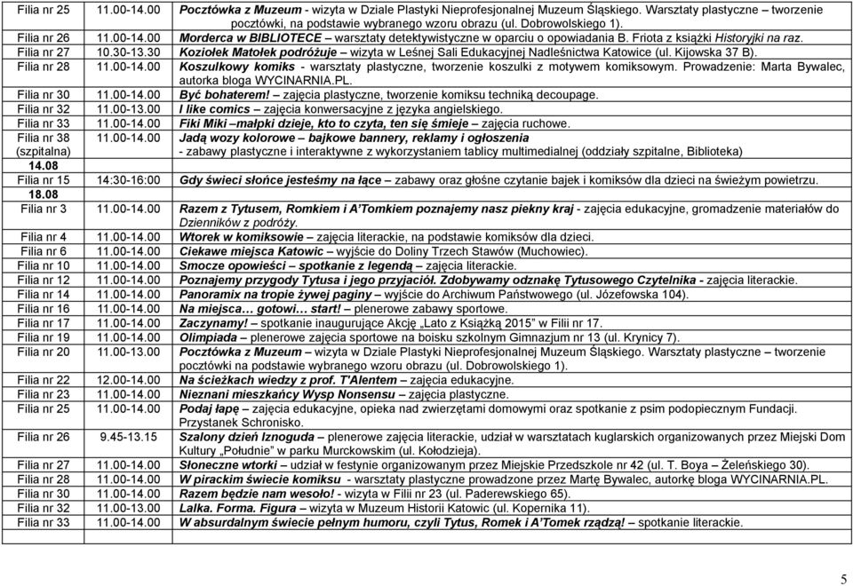 30 Koziołek Matołek podróżuje wizyta w Leśnej Sali Edukacyjnej Nadleśnictwa Katowice (ul. Kijowska 37 B). Filia nr 28 11.00-14.