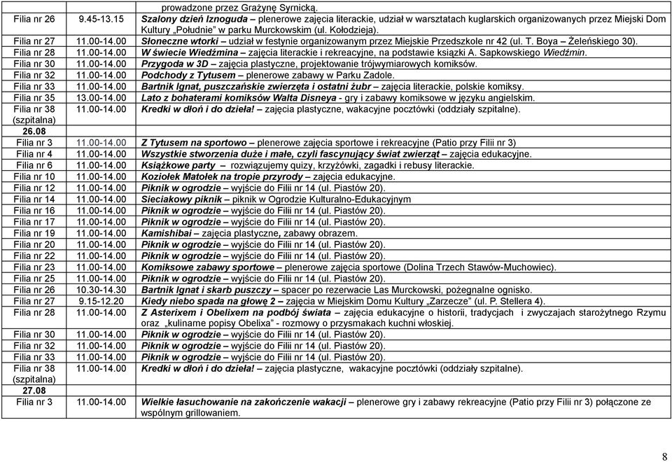 00 Słoneczne wtorki udział w festynie organizowanym przez Miejskie Przedszkole nr 42 (ul. T. Boya Żeleńskiego 30). Filia nr 28 11.00-14.