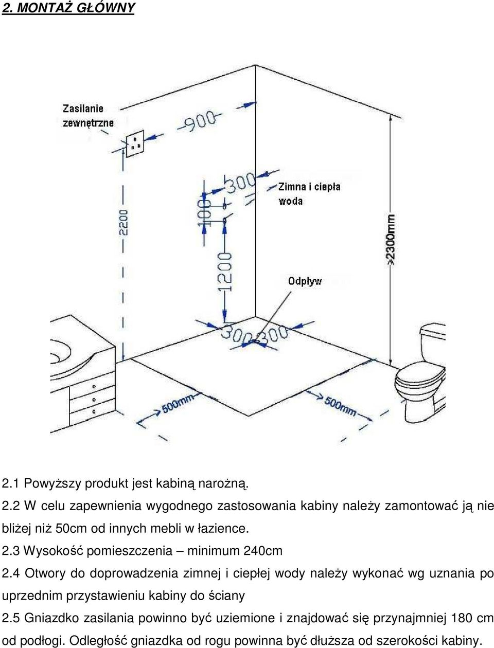 2 W celu zapewnienia wygodnego zastosowania kabiny naleŝy zamontować ją nie bliŝej niŝ 50cm od innych mebli w łazience. 2.