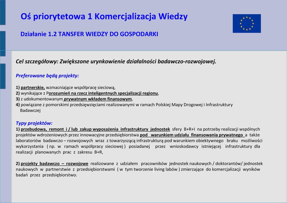 finansowym, 4) powiązane z pomorskimi przedsięwzięciami realizowanymi w ramach Polskiej Mapy Drogowej i Infrastruktury Badawczej Typy projektów: 1) przebudowa, remont i / lub zakup wyposażenia