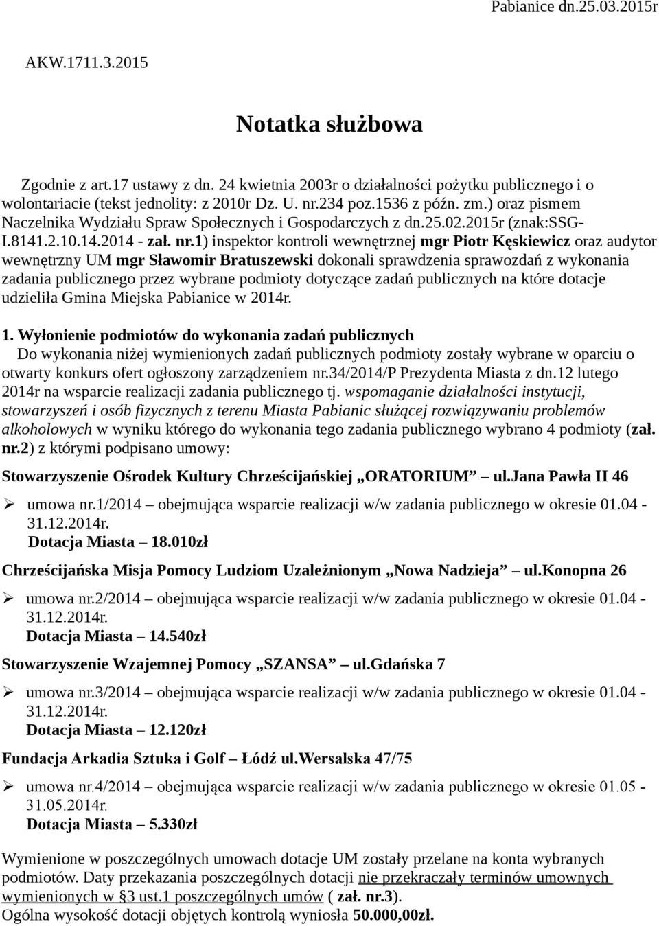 1) inspektor kontroli wewnętrznej mgr Piotr Kęskiewicz oraz audytor wewnętrzny UM mgr Sławomir Bratuszewski dokonali sprawdzenia sprawozdań z wykonania zadania publicznego przez wybrane podmioty