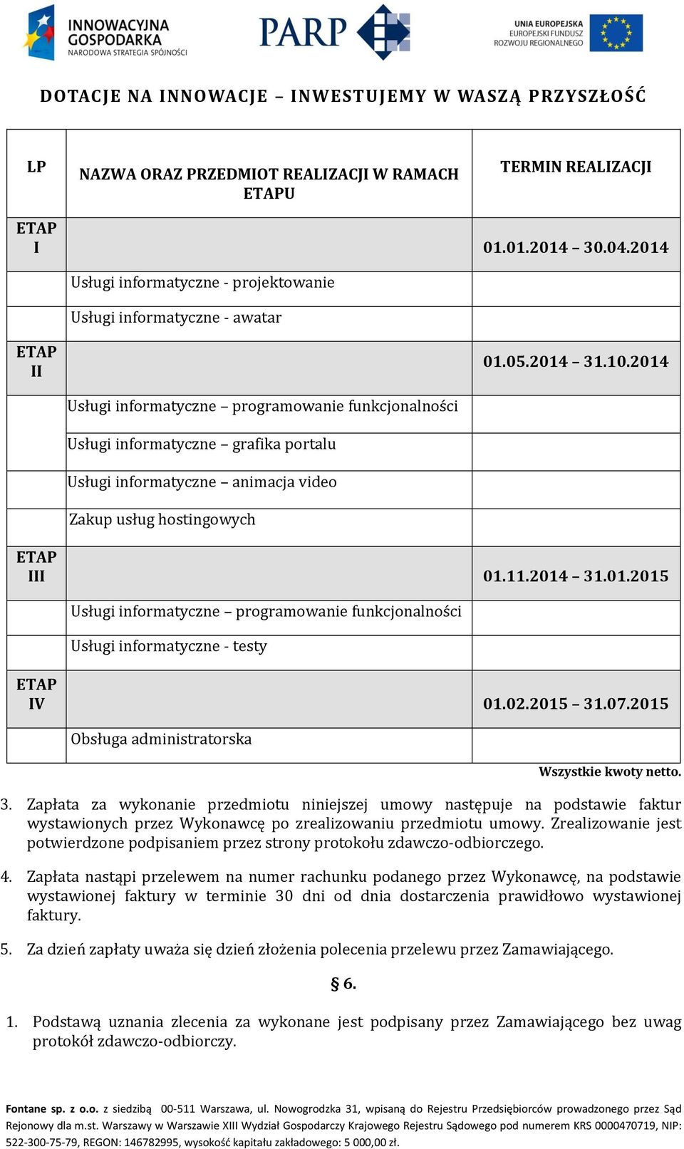 02.2015 31.07.2015 Obsługa administratorska Wszystkie kwoty netto. 3. Zapłata za wykonanie przedmiotu niniejszej umowy następuje na podstawie faktur wystawionych przez Wykonawcę po zrealizowaniu przedmiotu umowy.