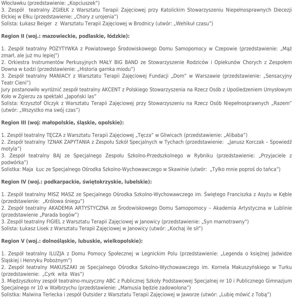 Terapii Zajęciowej w Brodnicy (utwór: Wehikuł czasu ) Region II (woj.: mazowieckie, podlaskie, łódzkie): 1.