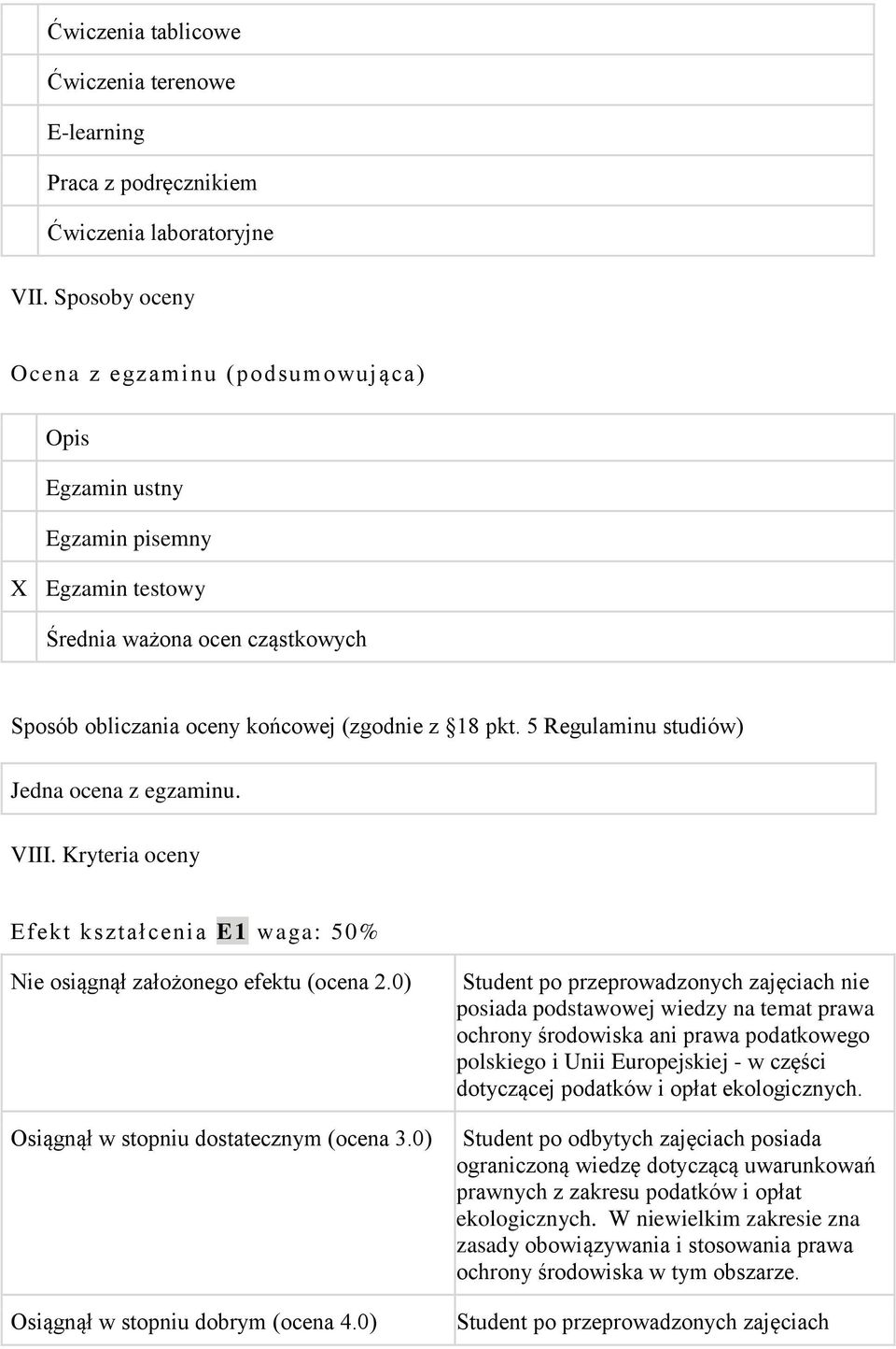 5 Regulaminu studiów) Jedna ocena z egzaminu. VIII. Kryteria oceny Efekt kształcenia E1 waga: 50% Nie osiągnął założonego efektu (ocena 2.0) Osiągnął w stopniu dostatecznym (ocena 3.