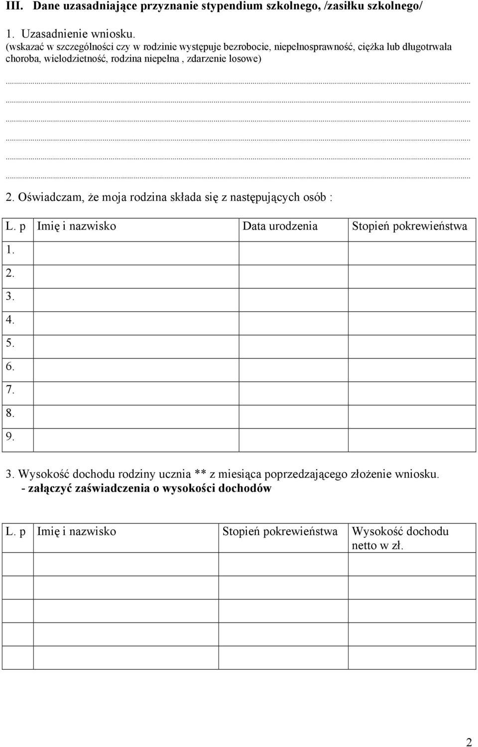 losowe).................. 2. Oświadczam, Ŝe moja rodzina składa się z następujących osób : L. p Imię i nazwisko Data urodzenia Stopień pokrewieństwa 1. 2. 3. 4.