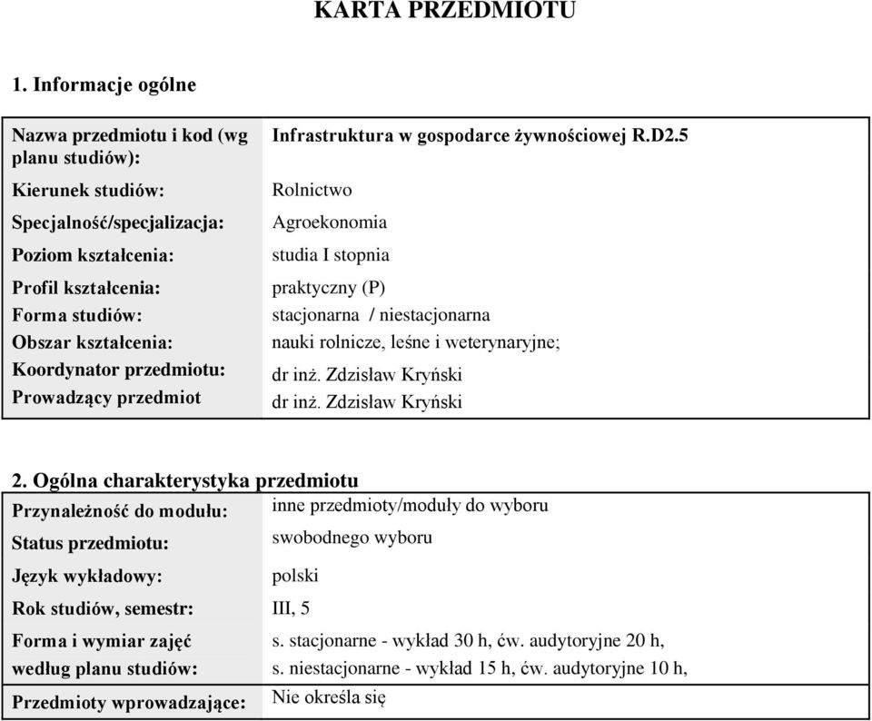 przedmiotu: Prowadzący przedmiot Infrastruktura w gospodarce żywnościowej R.D.