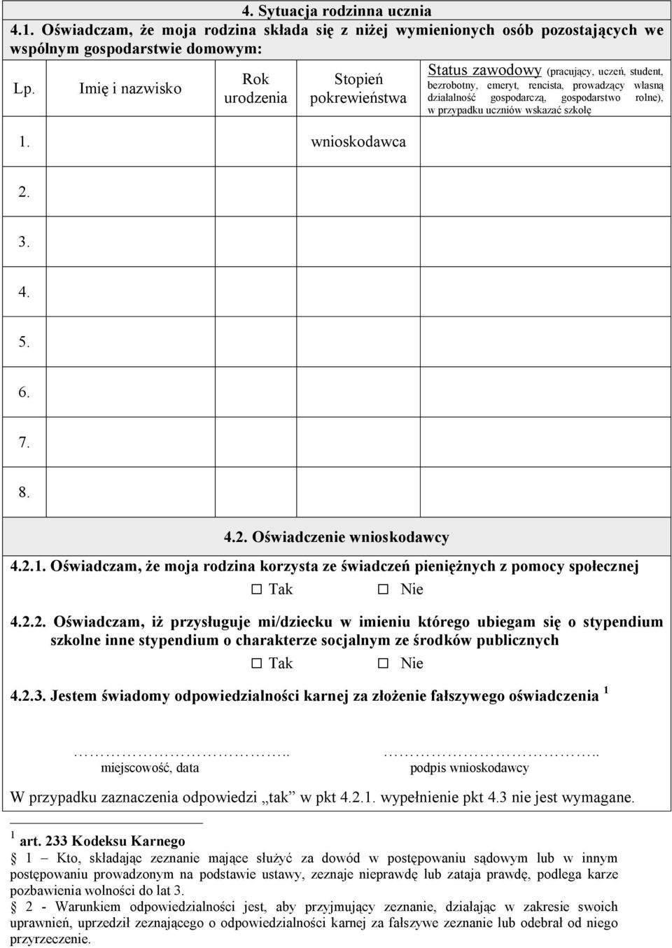 7. 8. 4.2. Oświadczenie wnioskodawcy 4.2.1. Oświadczam, że moja rodzina korzysta ze świadczeń pieniężnych z pomocy społecznej 4.2.2. Oświadczam, iż przysługuje mi/dziecku w imieniu którego ubiegam się o stypendium szkolne inne stypendium o charakterze socjalnym ze środków publicznych 4.