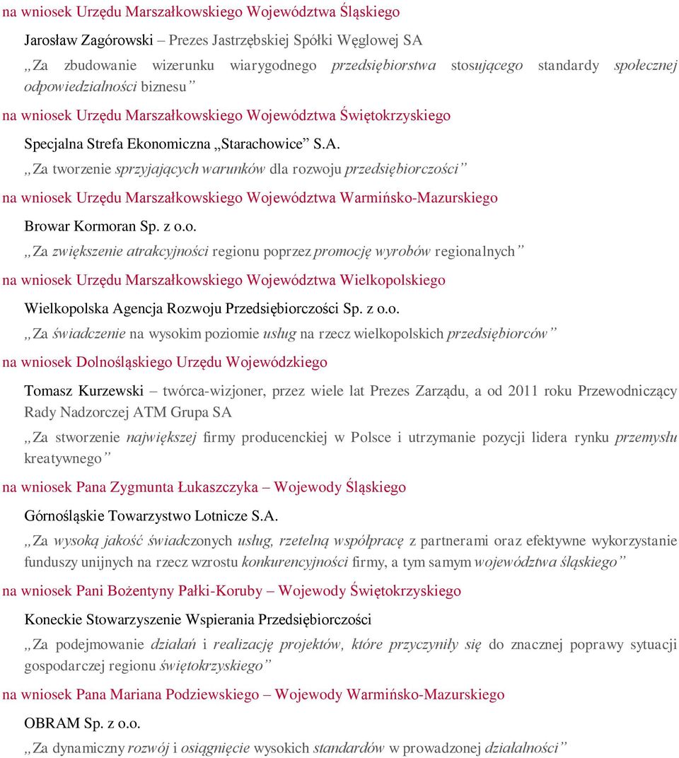 Za tworzenie sprzyjających warunków dla rozwoju przedsiębiorczości na wniosek Urzędu Marszałkowskiego Województwa Warmińsko-Mazurskiego Browar Kormoran Sp. z o.o. Za zwiększenie atrakcyjności regionu poprzez promocję wyrobów regionalnych na wniosek Urzędu Marszałkowskiego Województwa Wielkopolskiego Wielkopolska Agencja Rozwoju Przedsiębiorczości Sp.