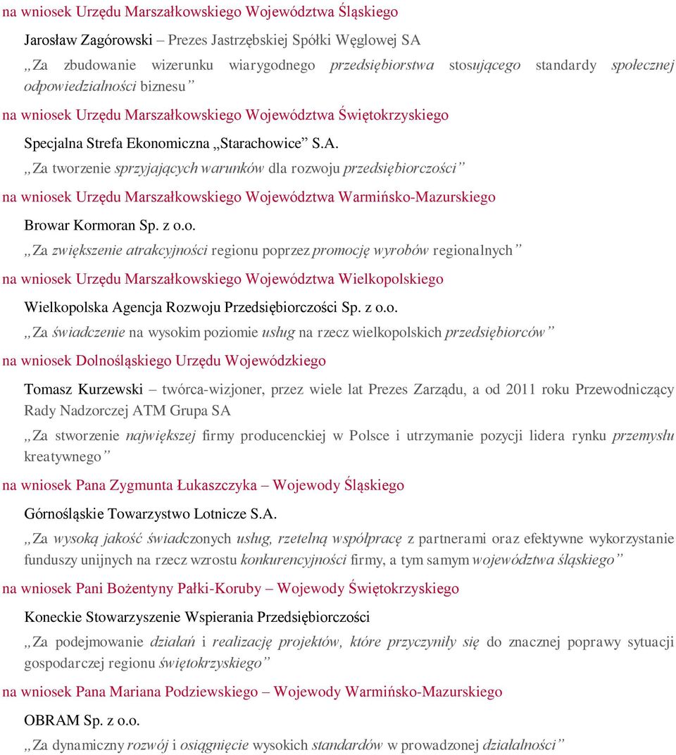 Za tworzenie sprzyjających warunków dla rozwoju przedsiębiorczości na wniosek Urzędu Marszałkowskiego Województwa Warmińsko-Mazurskiego Browar Kormoran Sp. z o.o. Za zwiększenie atrakcyjności regionu poprzez promocję wyrobów regionalnych na wniosek Urzędu Marszałkowskiego Województwa Wielkopolskiego Wielkopolska Agencja Rozwoju Przedsiębiorczości Sp.