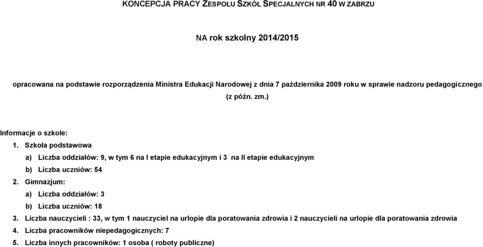 Szkoła podstawowa a) Liczba oddziałów: 9, w tym 6 na I etapie edukacyjnym i 3 na II etapie edukacyjnym b) Liczba uczniów: 54 2.