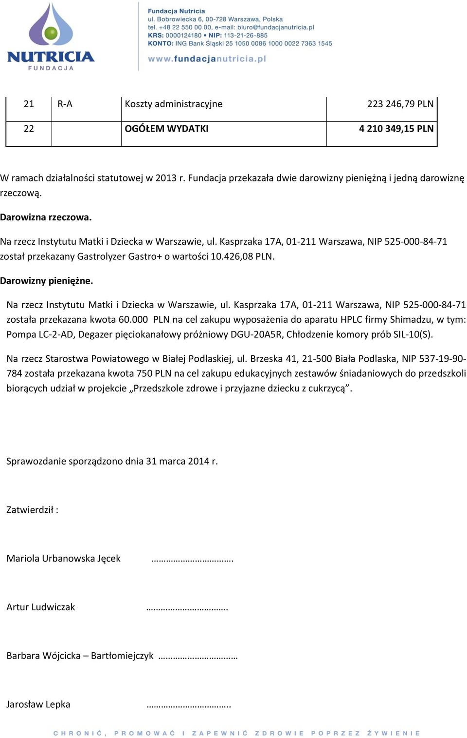 Darowizny pieniężne. Na rzecz Instytutu Matki i Dziecka w Warszawie, ul. Kasprzaka 17A, 01-211 Warszawa, NIP 525-000-84-71 została przekazana kwota 60.